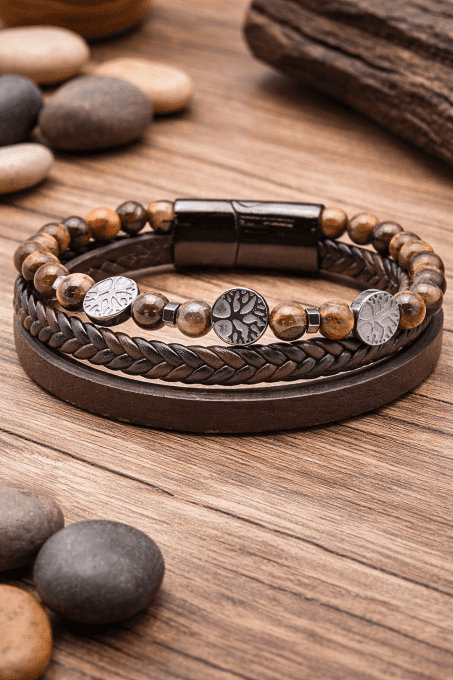 BRACELET KORU CUIR BRUN OEIL DE TIGRE A