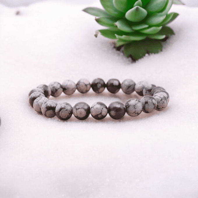 BRACELET BOULE OBSIDIENNE FLOCON DE NEIGE A