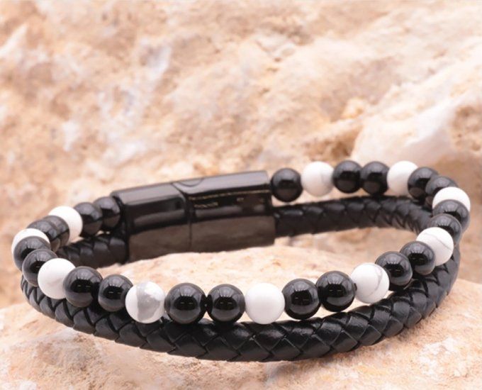 BRACELET ASKA CUIR NOIR HOWLITE BLANCHE, ONYX A