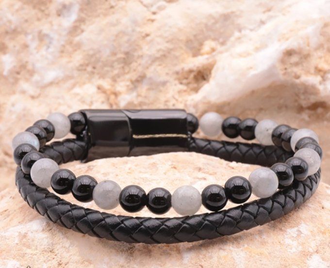 BRACELET ASKA CUIR NOIR LABRADORITE, ONYX A