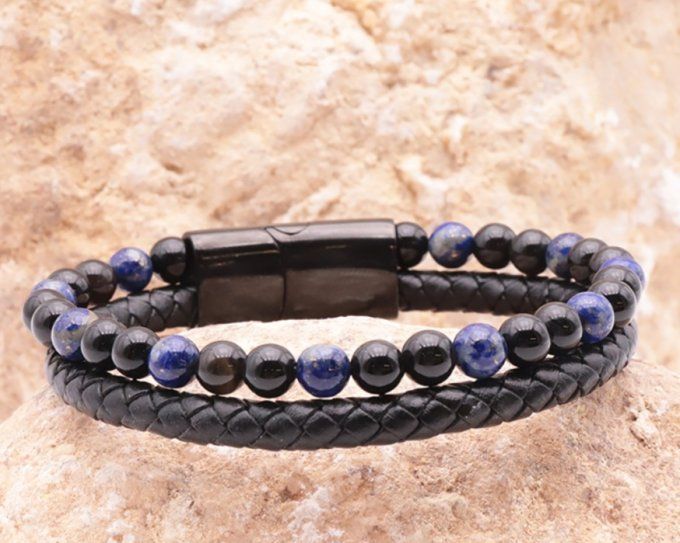 BRACELET ASKA CUIR NOIR LAPIS LAZULI, ONYX A