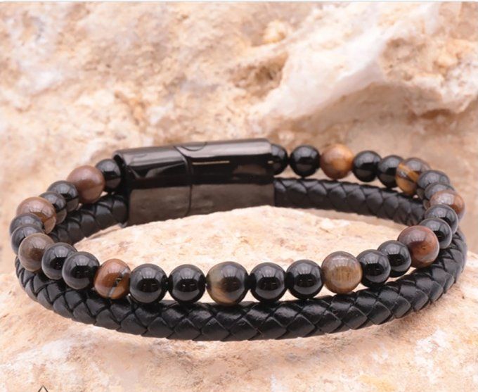 BRACELET ASKA CUIR NOIR OEIL DE TIGRE, ONYX A