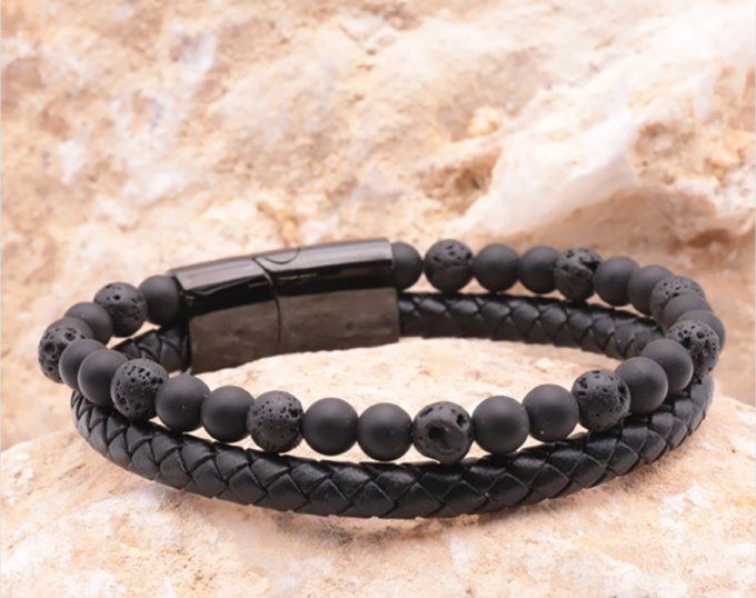 BRACELET ASKA CUIR NOIR PIERRE DE LAVE, SHUNGITE A