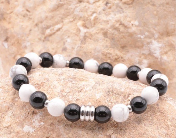 BRACELET CÉLYOS ARGENTÉ HOWLITE BLANCHE, ONYX A