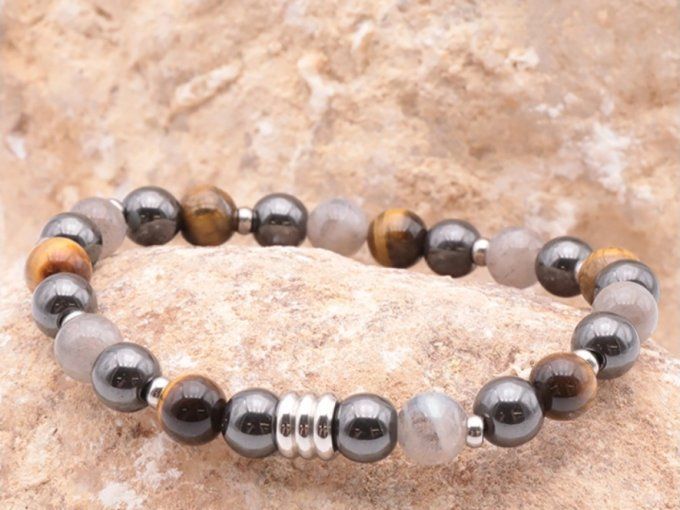 BRACELET CÉLYOS ARGENTÉ LABRADORITE, OEIL DE TIGRE, HÉMATITE A
