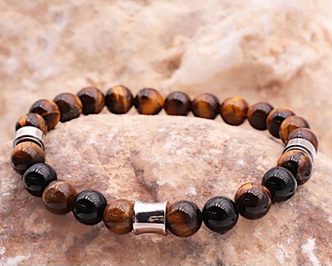 BRACELET KAHEL ARGENTÉ ONYX, OEIL DE TIGRE A