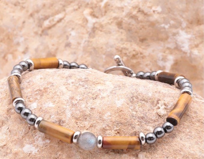 BRACELET LÉGENDE ARGENTÉ LABRADORITE, OEIL DE TIGRE, HÉMATITE A
