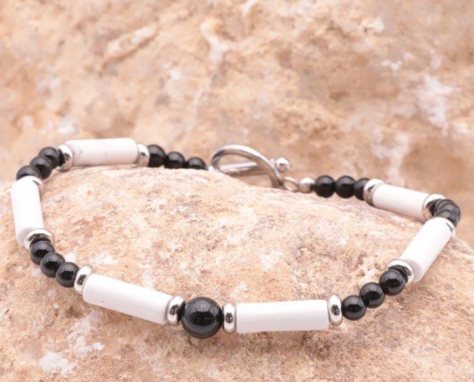 BRACELET LÉGENDE ARGENTÉ ONYX, HOWLITE BLANCHE A