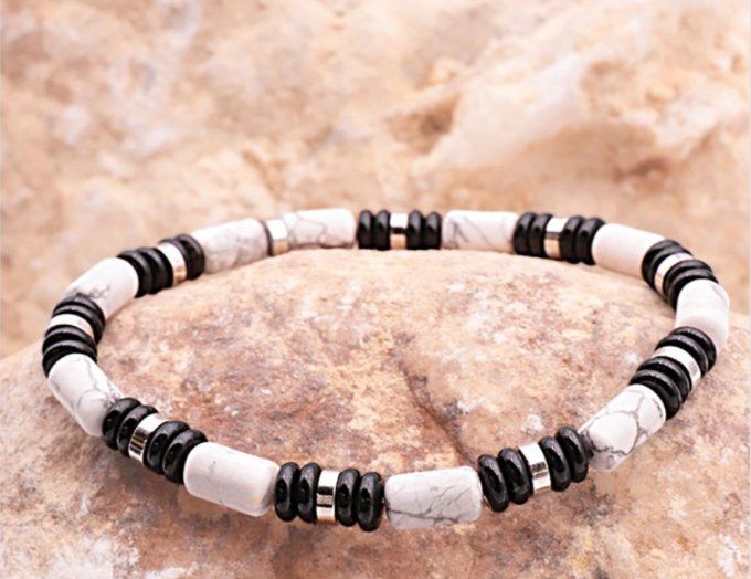 BRACELET NEMO ARGENTÉ OBSIDIENNE NOIRE, HOWLITE BLANCHE AA