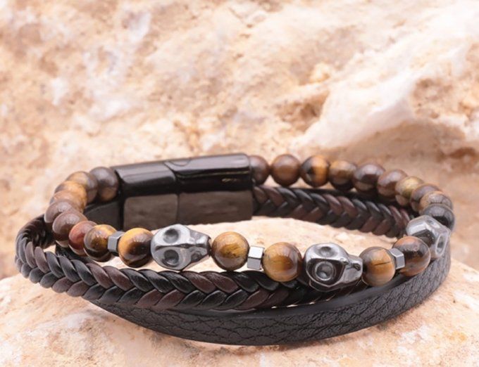 BRACELET NOXIS CUIR NOIR OEIL DE TIGRE A