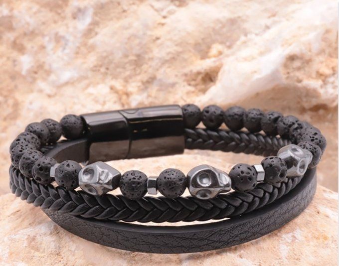 BRACELET NOXIS CUIR NOIR PIERRE DE LAVE A