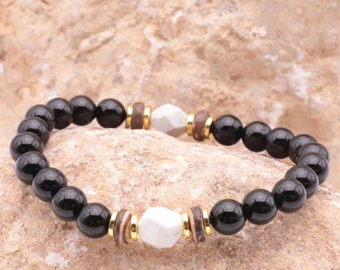 BRACELET RING DORÉ ONYX, BOIS, HOWLITE BLANCHE A