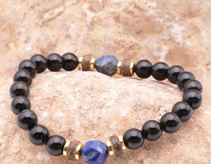 BRACELET RING DORÉ ONYX, BOIS, LAPIS LAZULI A
