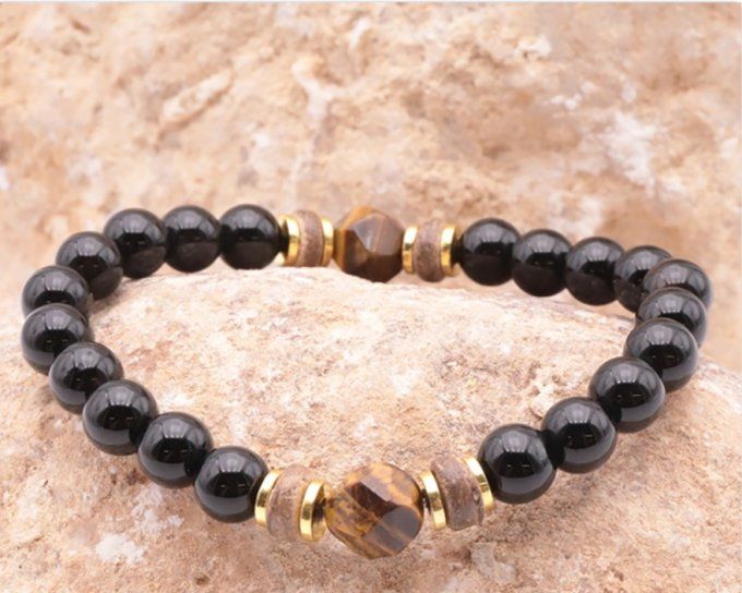 BRACELET RING DORÉ ONYX, BOIS, OEIL DE TIGRE A