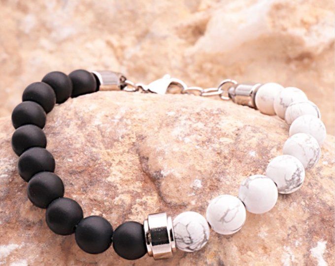 BRACELET UNYS ARGENTÉ ONYX, HOWLITE BLANCHE A