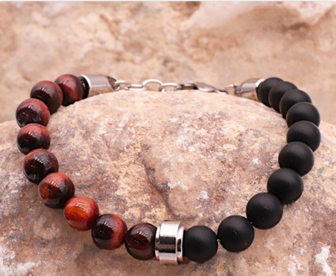 BRACELET UNYS ARGENTÉ ONYX, OEIL DE TAUREAU A