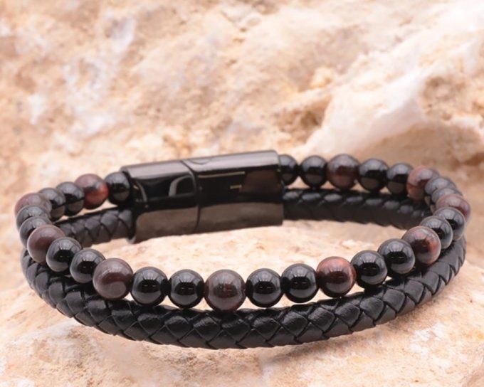 BRACELET ASKA CUIR NOIR OEIL DE TAUREAU, ONYX A